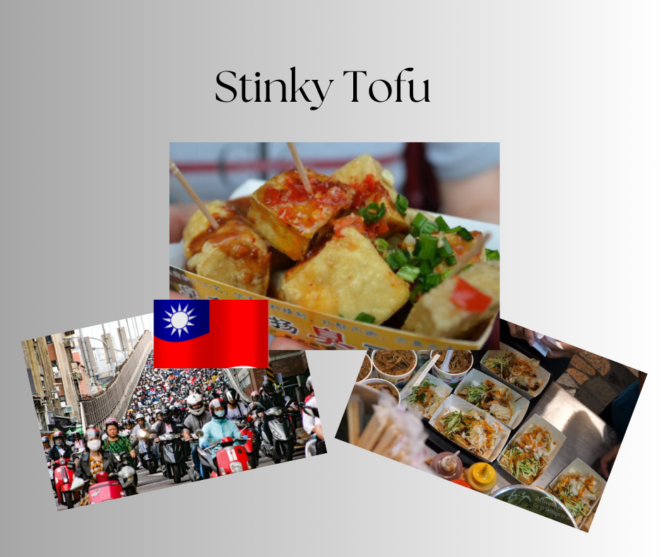 Stinky tofu at night markets in Taiwan with many scooters on street