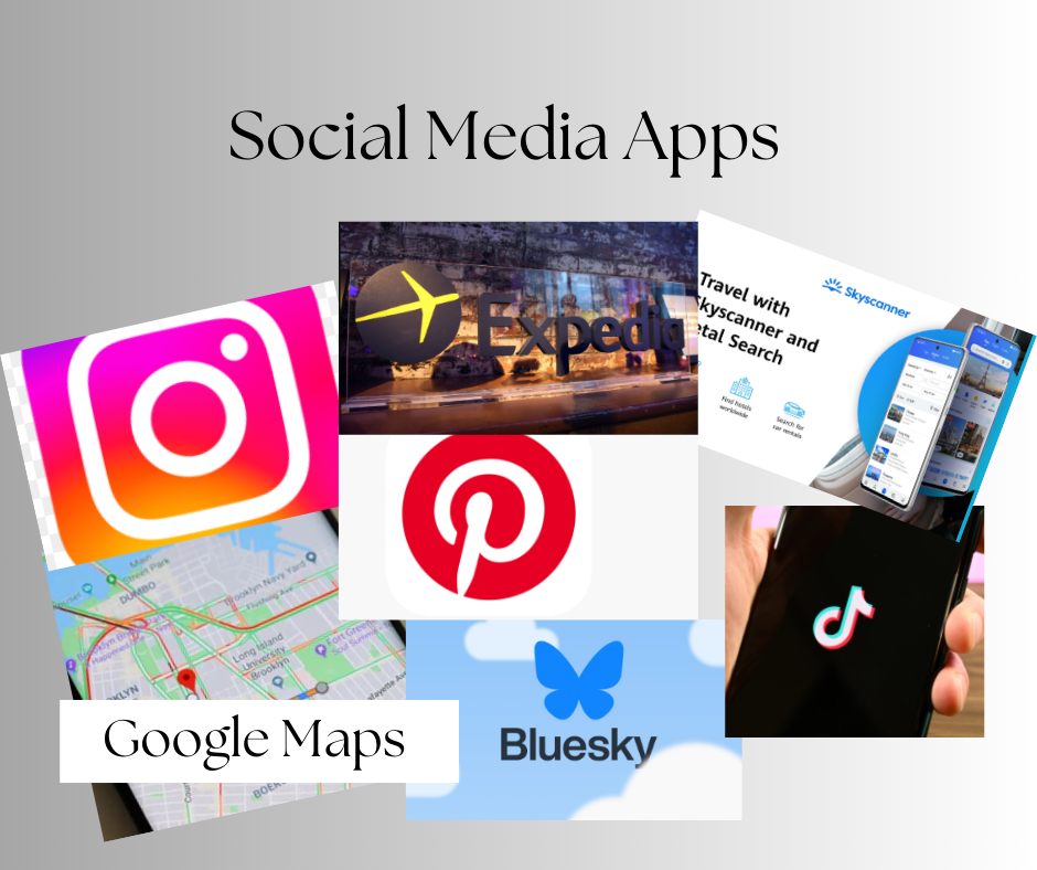 Social media app, best apps for travel, Instagram, Google Maps, Expedia, tik tok, skyscanner