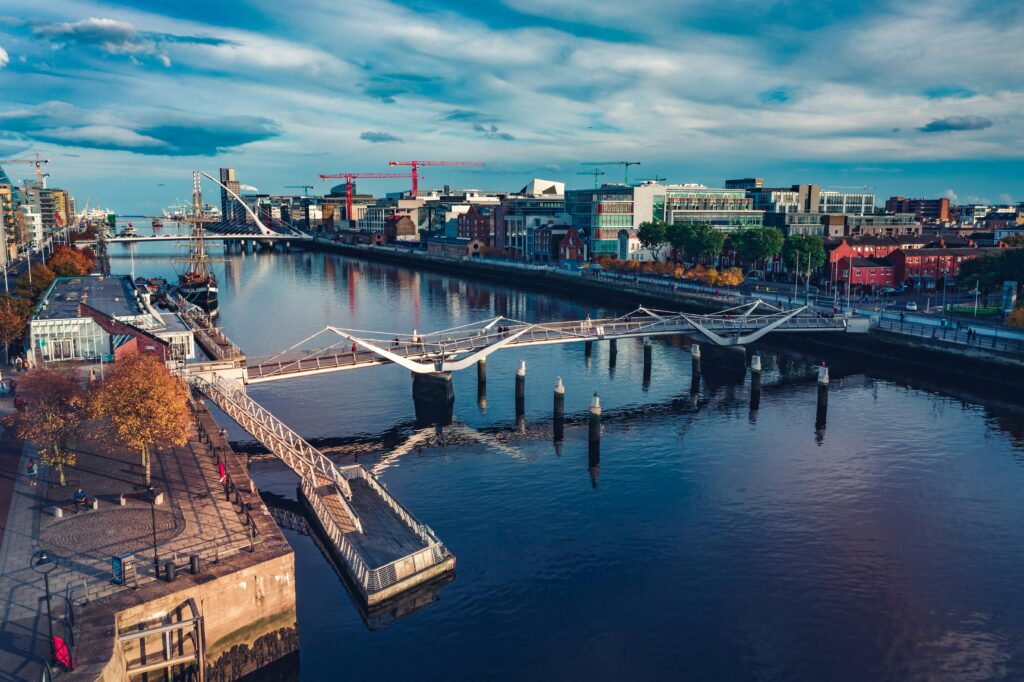 Stunning aerial view of Dublin cityscape featuring the river, modern architecture, and bridges.